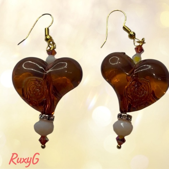 590. Handmade Heart Earrings - Gold and Brown W/ Padpatadsha Swarovski crystals - Picture 3 of 8